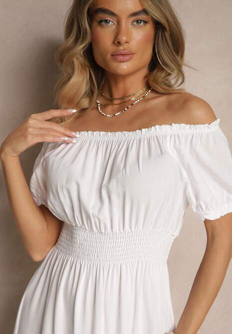 Biała Rozkloszowana Sukienka z Gumką w Talii i Dekoltem w Kształcie Łódki Miratela