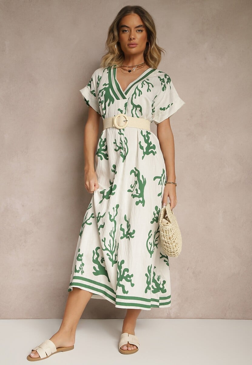 Zielono-Beżowa Pudełkowa Sukienka z Wiskozą i Lnem Sadeone