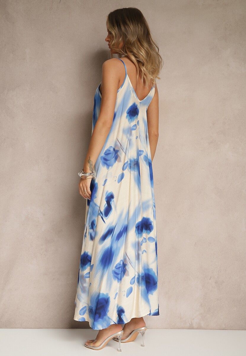 Niebieska Sukienka z Wiskozy Ozdobiona Abstrakcyjnym Wzorem Nilluna