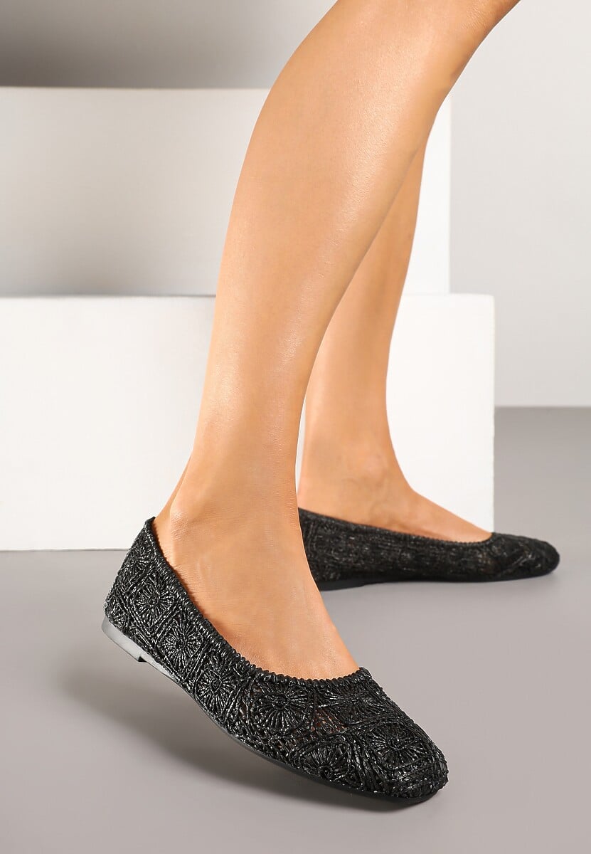 Czarne Balerinki z Cholewką z Plecionki Relore