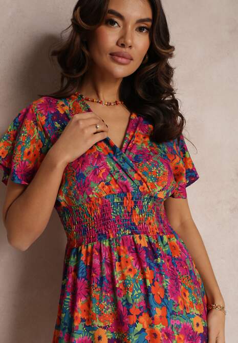 Różowo-Granatowa Krótka Sukienka w Kwiaty z Szeroką Gumką w Pasie Meles