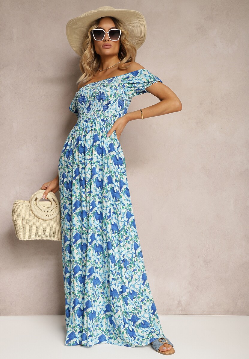 Niebieska Hiszpanka Sukienka o Rozkloszowanym Kroju i Gumkami przy Dekolcie Kaseria