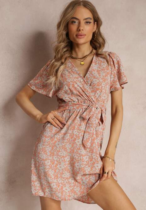 Pomarańczowa Sukienka z Kopertowym Dekoltem w Kwiaty z Gumką i Paskiem w Talii Arlettie