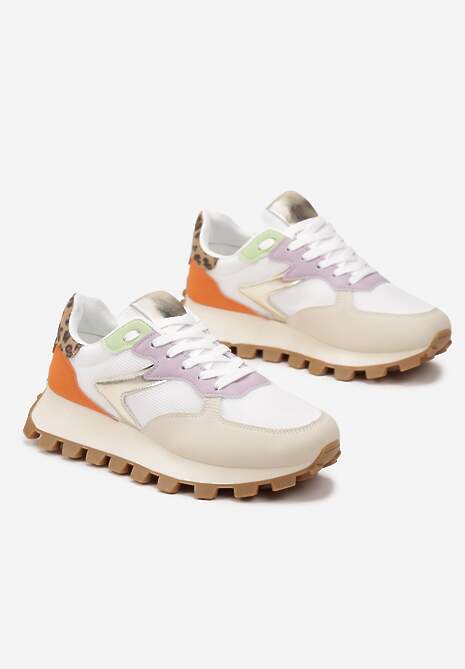 Brązowe Sneakersy na Grubej Podeszwie z Protektorem Ozdobione Wstawkami i Przeszyciami Anemil