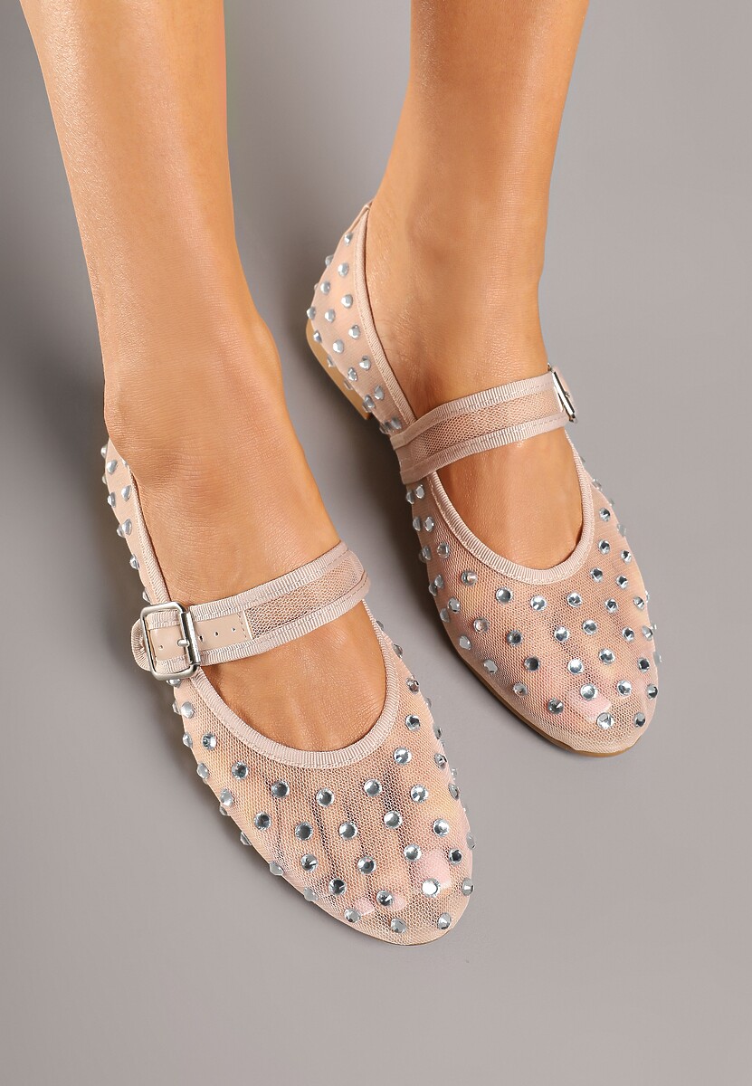 Beżowe Balerinki Ozdobione Cyrkoniami i Przezroczystą Cholewką Ridirissa