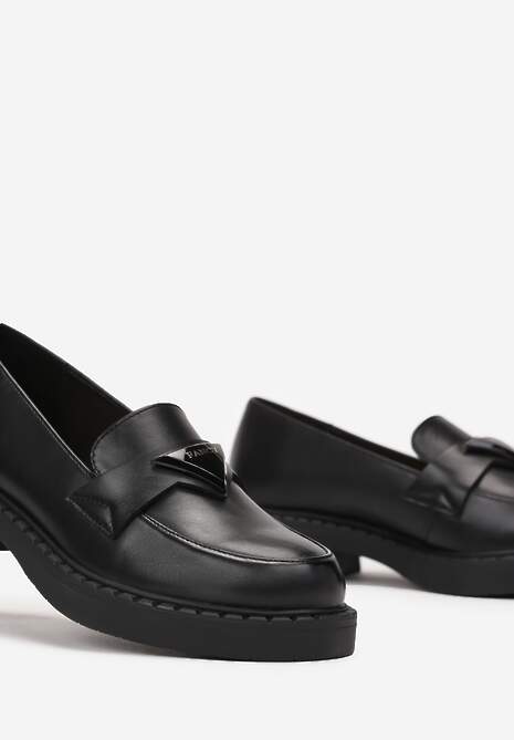 Czarne Mokasyny na Płaskim Obcasie ze Skórzaną Wkładką Mesanim