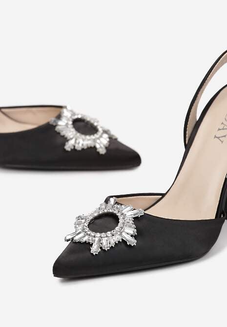 Czarne Sandały na Obcasie Klepsydra z Paskiem z Gumką i Kryształkami Alatria