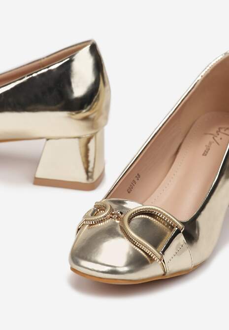 Złote Czółenka na Obcasie z Lakierowanej Imitacji Skóry Lohani