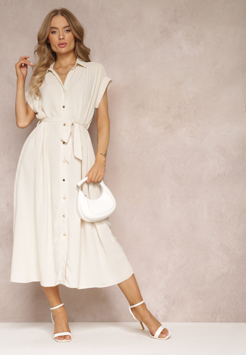 Beżowa Koszulowa Sukienka z Krótkimi Rękawami i Wiązanym Paskiem Denalia