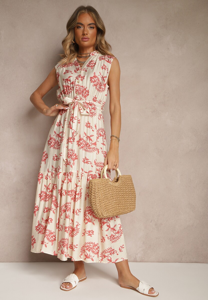 Beżowo-Różowa Sukienka z Wiskozy z Paskiem i Abstrakcyjnym Wzorem Rinalora