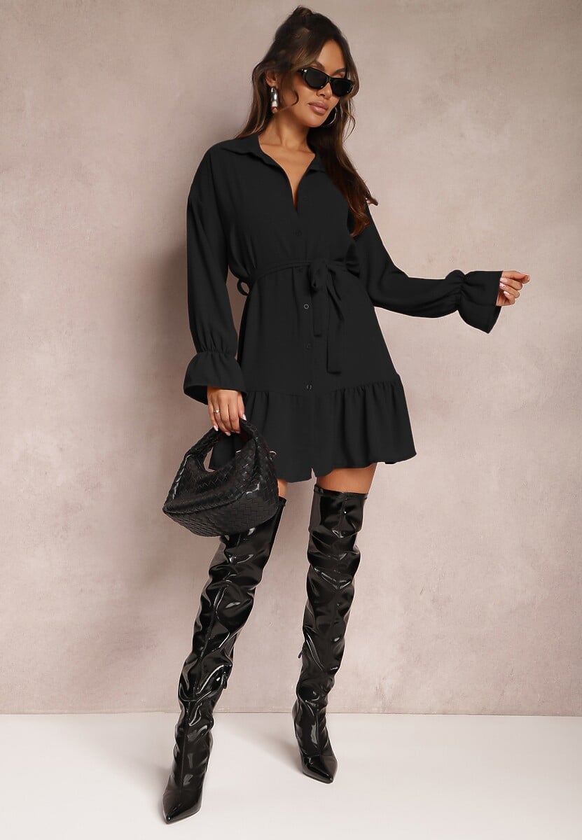 Czarna Koszulowa Sukienka Mini z Falbanką i Wiązanym Paskiem Blisotta
