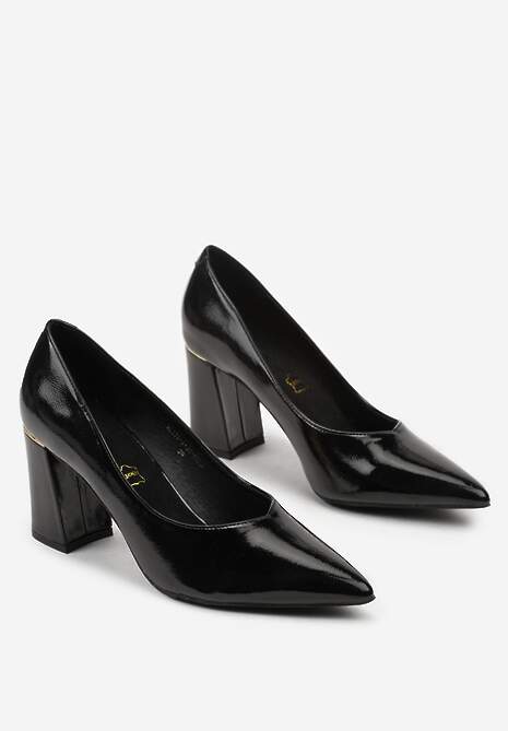 Czarne Czółenka Lakierowane Vices na Słupku z Wkładką ze Skóry Naturalnej Modvire