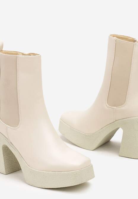 Beżowe Botki Sztyblety na Platformie i Obcasie Ozdobione Kwadratowym Noskiem Labirra