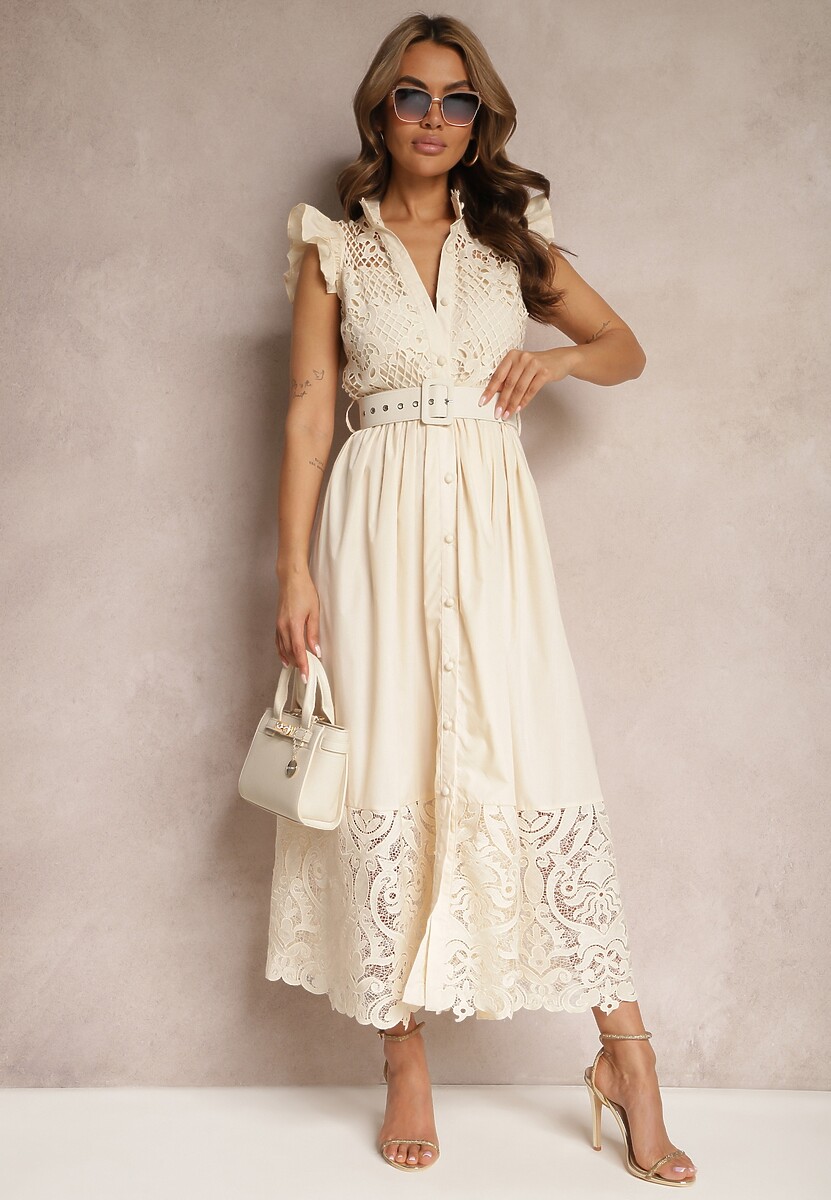 Różowa Koszulowa Sukienka z Ażurowym Zdobieniem i Paskiem z Prostokątną Klamrą Trika