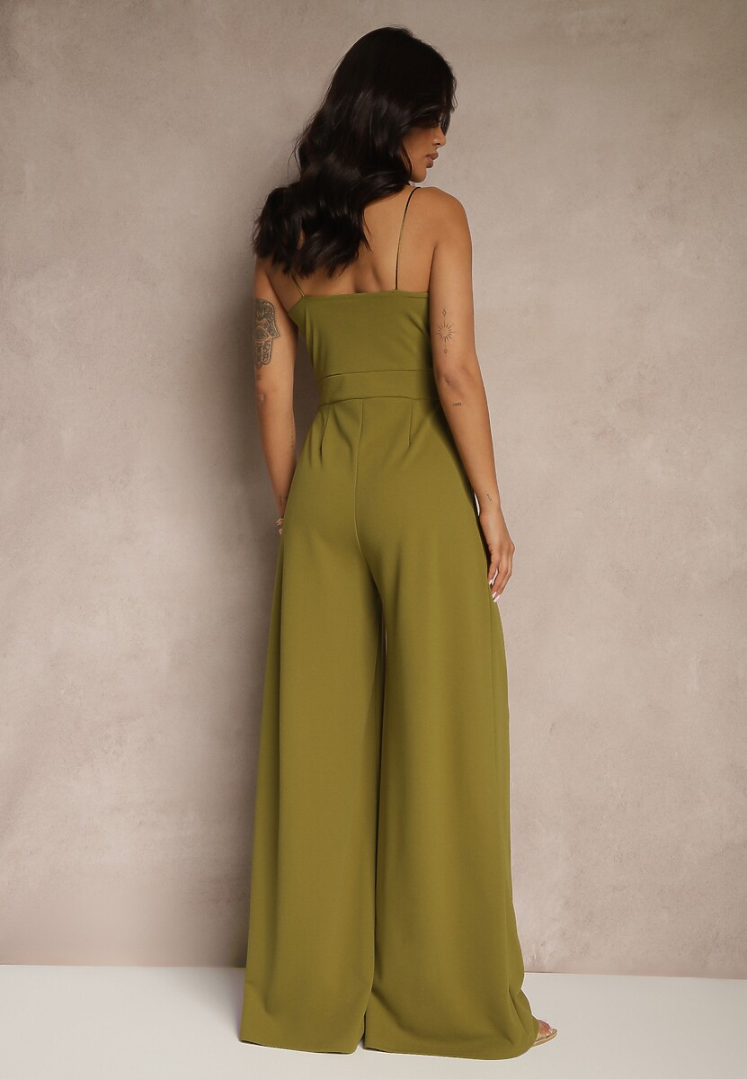Jasnozielony Kombinezon na Cienkich Ramiączkach z Kopertowym Dekoltem i Szerokimi Nogawkami Jovantia