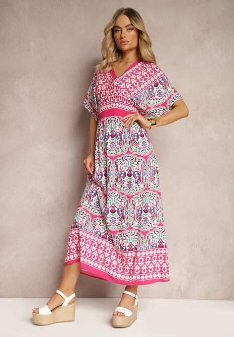 Fuksjowa Wiskozowa Sukienka Boho z Gumką w Pasie i Trójkątnym Dekoltem Casalina