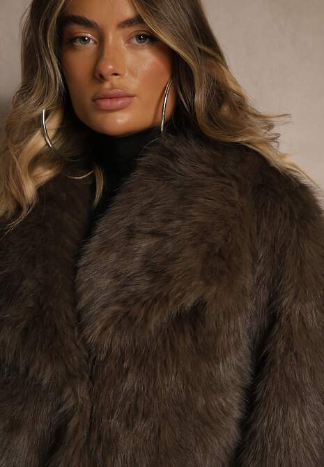 Brązowa Kurtka Futro z Długim Włosiem Zelita