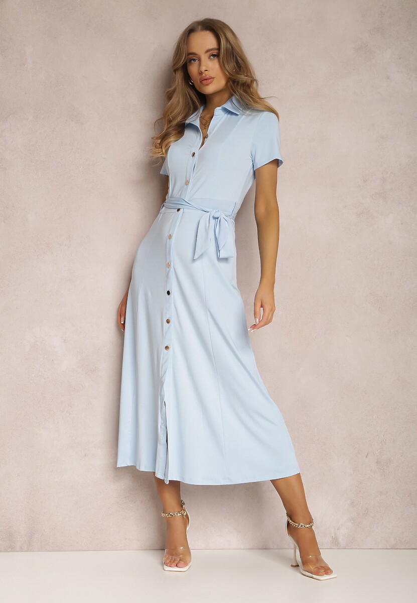 Jasnoniebieska Sukienka Koszulowa z Wiązanym Paskiem Asheila