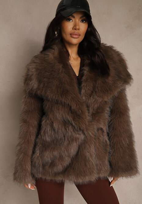 Brązowa Dwurzędowa Kurtka Futerko Oversize Nenalla