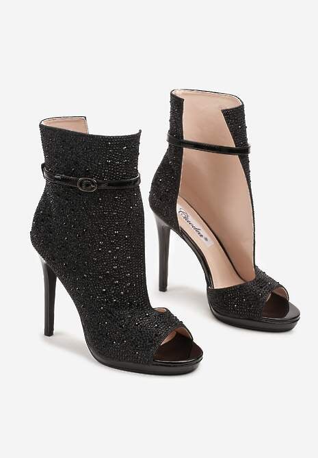 Czarne Asymetryczne Sandały na Szpilce Ozdobione Cyrkoniami Selamin