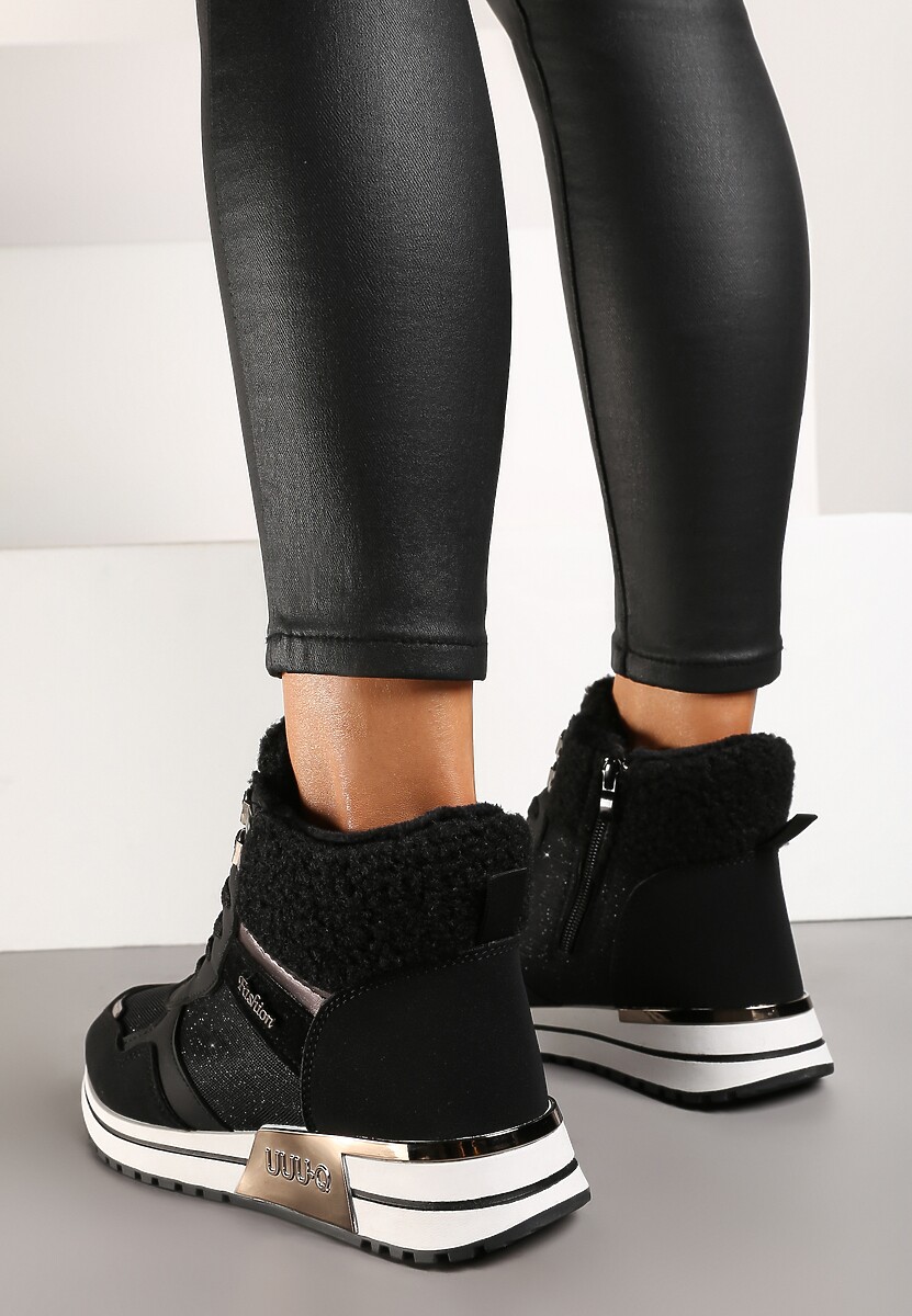 Czarne Sneakersy Zdobione Metaliczną Aplikacją Brokatem i Futrem Saliriel