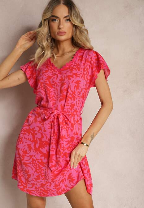 Fuksjowa Sukienka z Dekoltem z Siateczką z Krótkim Rękawem i Materiałowym Paskiem Mleasa