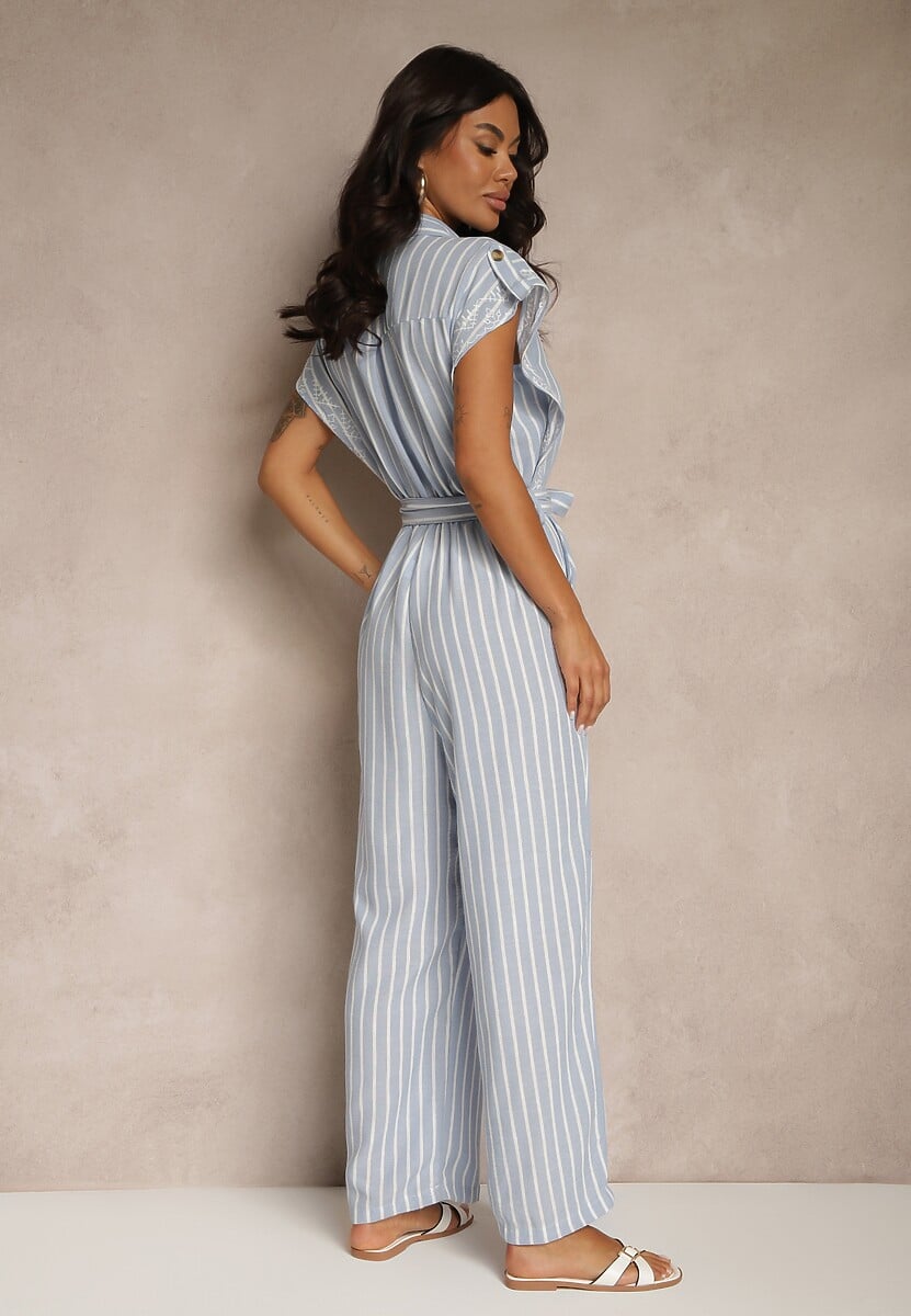 Niebieski Koszulowy Kombinezon z Bawełny z Wiązanym Paskiem Amevilia