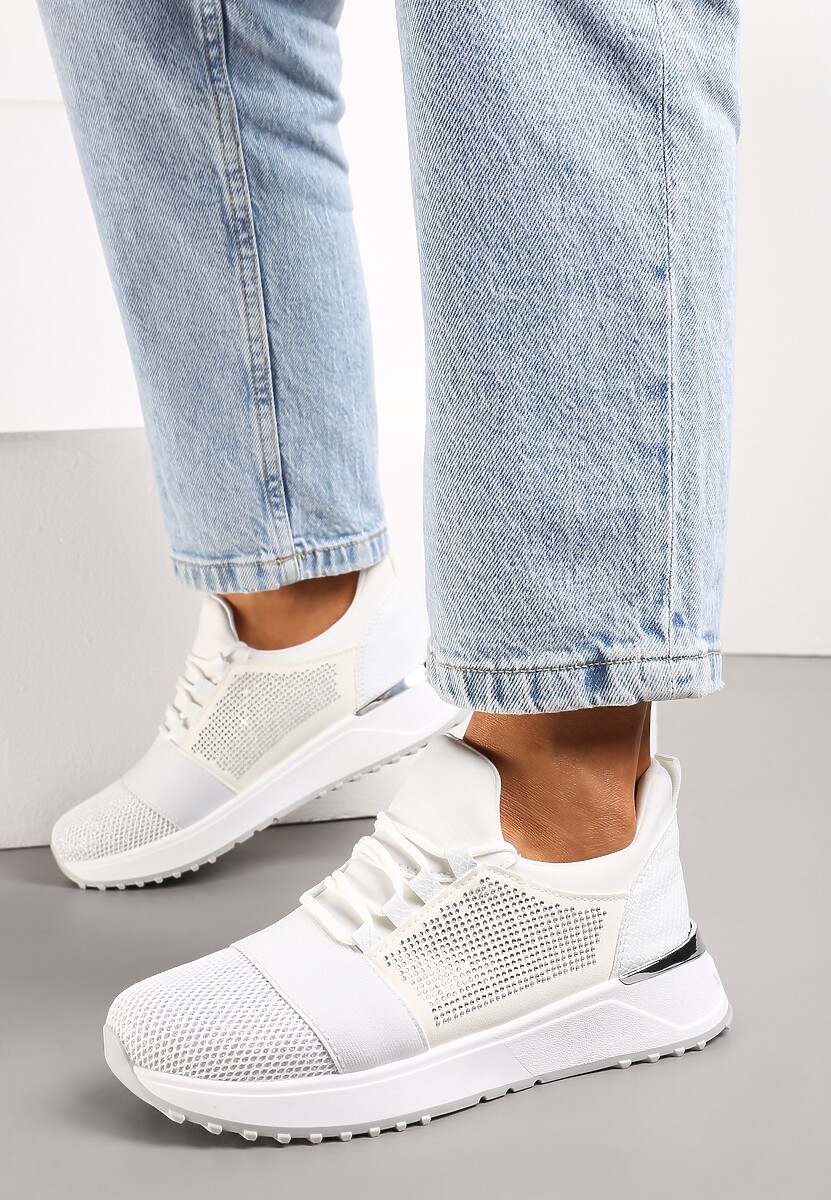 Srebrne Sneakersy Ozdobione Siateczką i Brokatem oraz Siateczką na Grubej Podeszwie Celandria