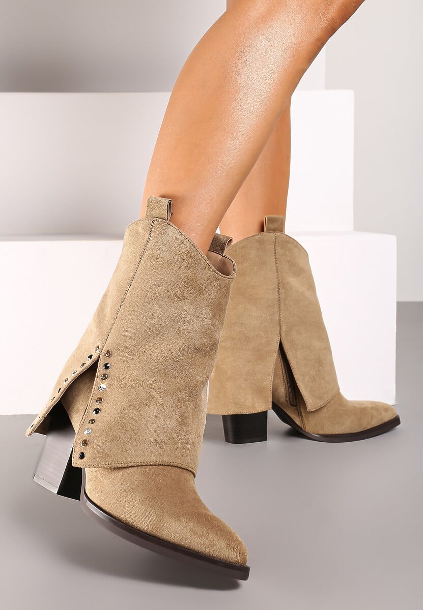 Czarne Botki na Stożkowym Obcasie z Wywiniętą Cholewką i Cyrkoniami Movene