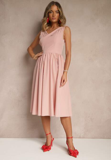 Różowa Basicowa Sukienka Vices o Rozkloszowanym Kroju Tolaneia