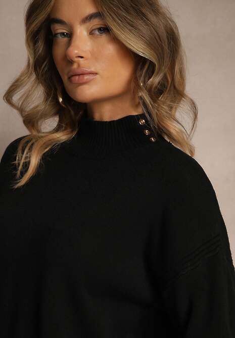 Czarny Gładki Golf Zdobiony Guzikami przy Dekolcie Rallessa