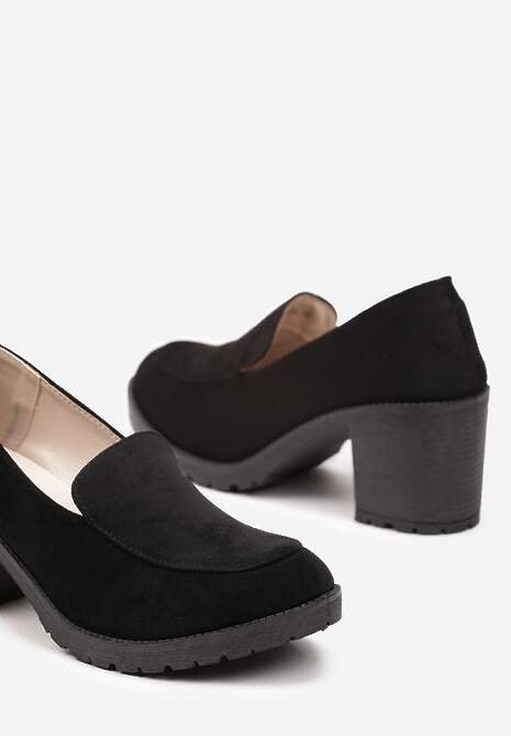 Czarne Półbuty Mokasyny z Imitacji Zamszu na Słupku z Niską Platformą Lndine