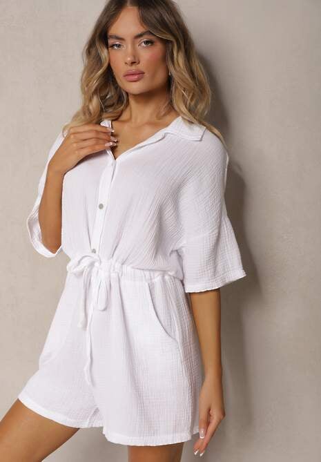 Biały Bawełniany Kombinezon Muślinowy Ozdobiony Troczkami Zapinany na Guziki Dlissa