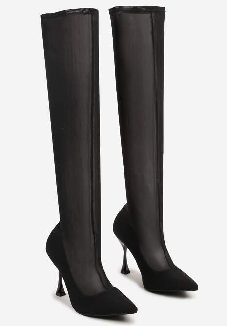 Czarne Szpilki Kozaki z Cholewką z Siateczki Mirfitia