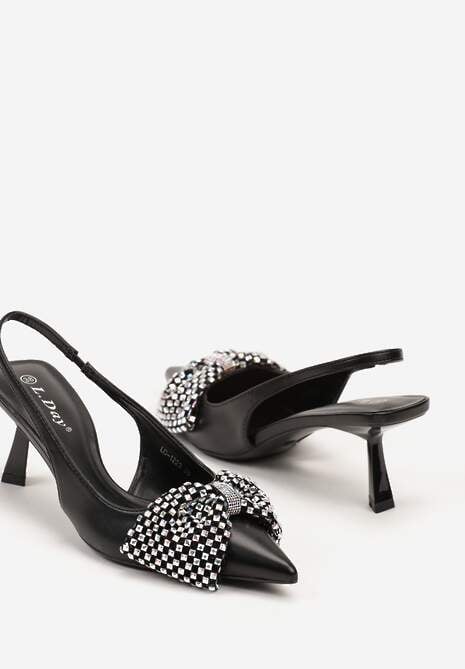 Czarne Sandały na Szpilce Kaczuszce Wykończone Kokardą i Cyrkoniami Elitara