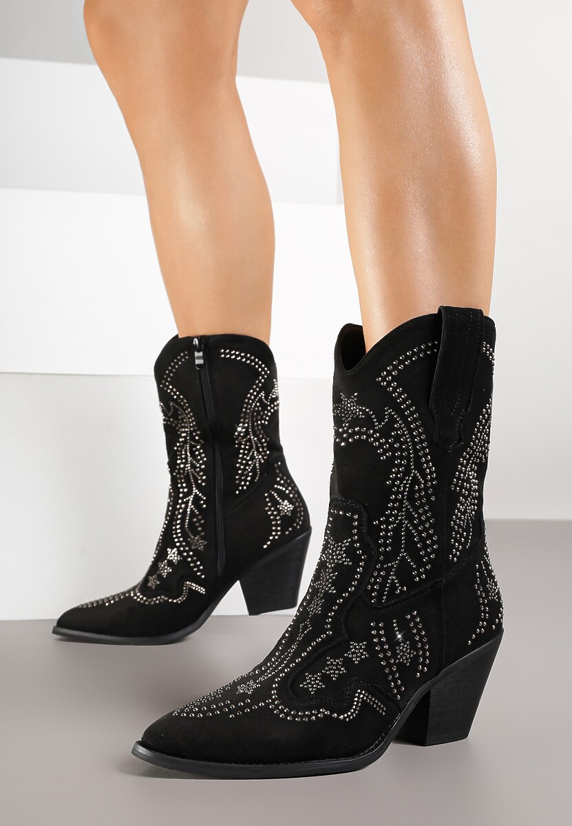 Ciemnobeżowe Botki na Kowbojki na Słupku z Cyrkoniami Flarise