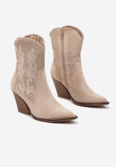 Beżowe Ażurowe Botki Kowbojki na Stożkowym Obcasie Leanorin