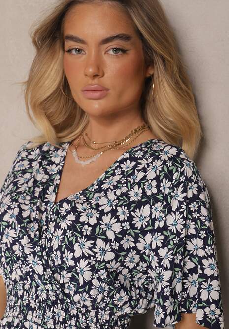 Granatowa Sukienka Rozkloszowana o Kopertowym Kroju w Kwiatowy Print Borriz