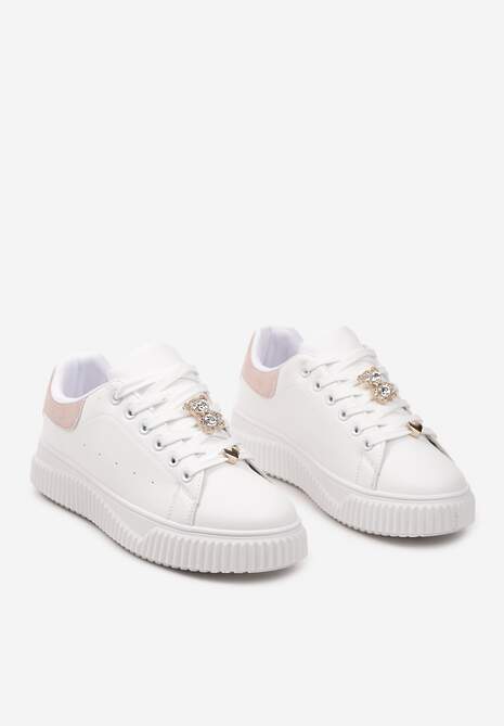 Biało-Różowe Sneakersy na Niskiej Platformie ze Wstawką z Ekozamszu i Złotym Misiem Nleona