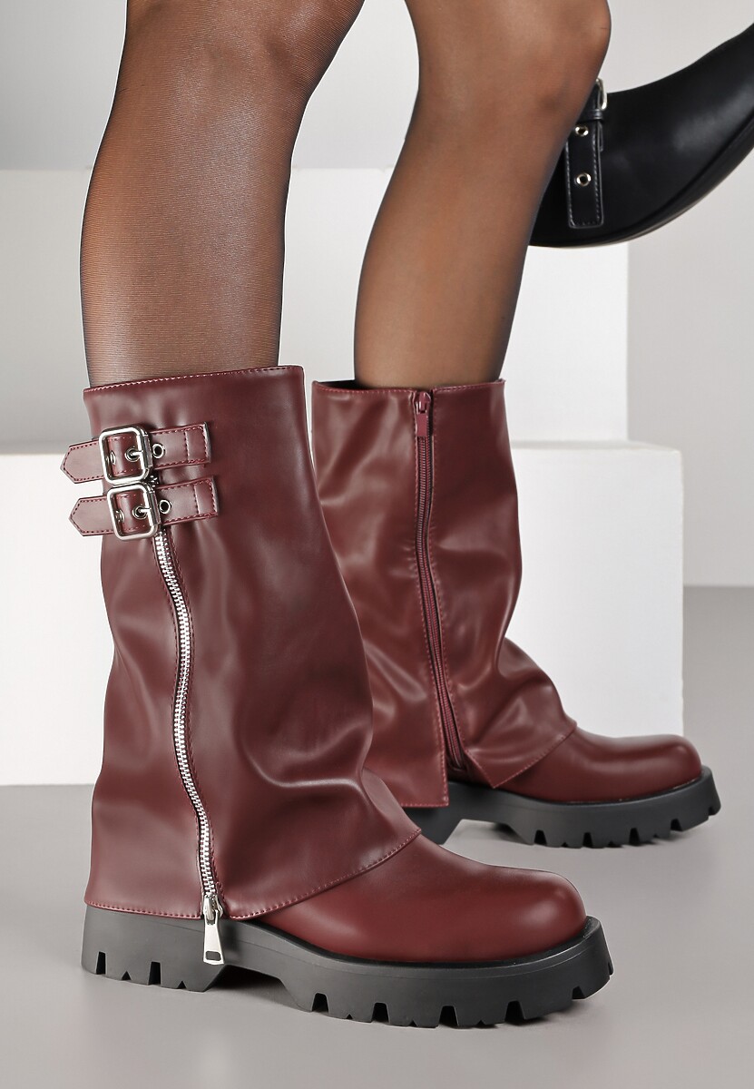 Czarne Botki Biker na Platformie z Wywiniętą Cholewką z Suwakiem i Klamerkami Selade