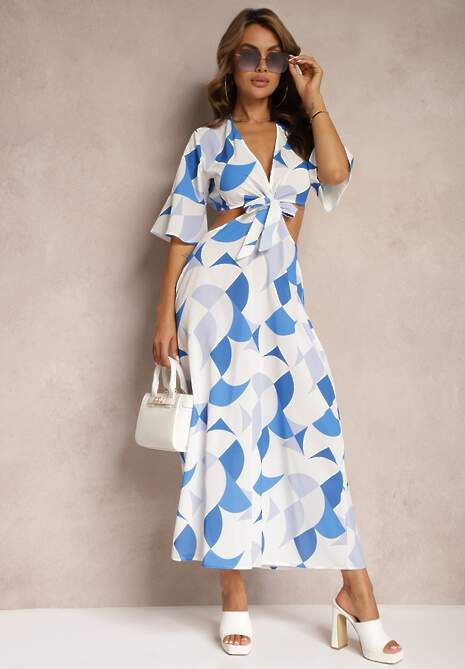 Niebieska Kopertowa Sukienka Maxi z Rozkloszowanym Dołem i Wiązaniem Alylina