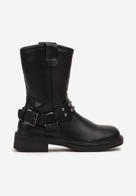 Czarne Motocyklowe Botki na Płaskiej Podeszwie Patina