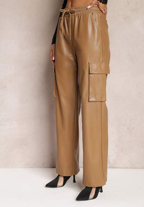 Beżowe Szerokie Spodnie w Stylu Cargo z Kieszeniami na Klapy Mixana
