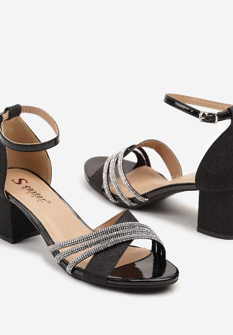 Czarne Cyrkoniowe Sandały na Obcasie Typu Słupek Gonilith
