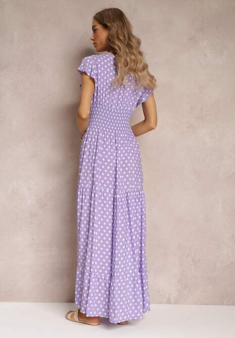 Fioletowa Rozkloszowana Sukienka Maxi w Kropki z Gumką w Talii Janey