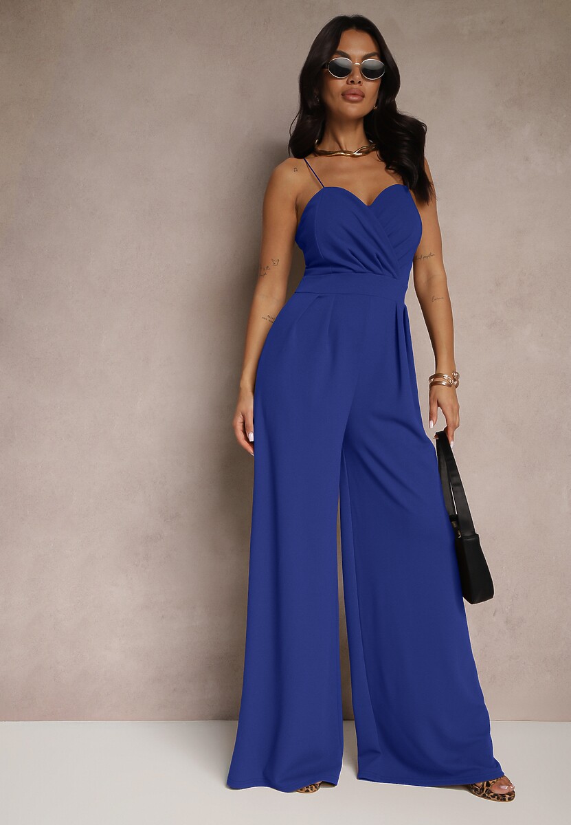 Niebieski Kombinezon na Cienkich Ramiączkach z Kopertowym Dekoltem i Szerokimi Nogawkami Jovantia