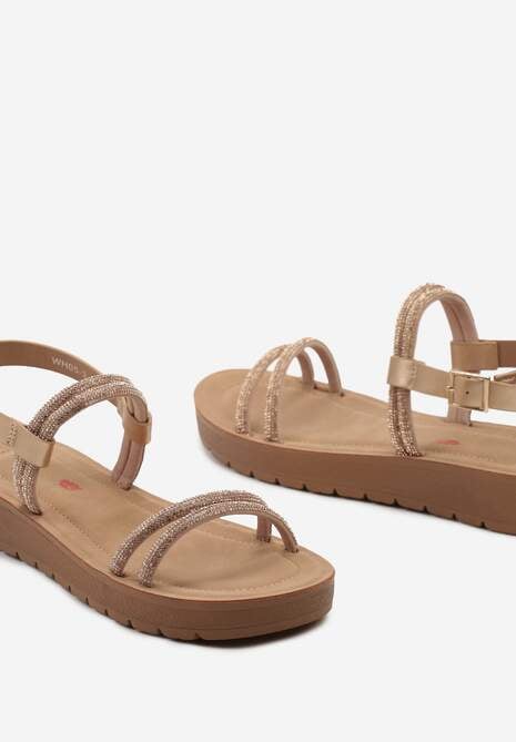 Szampańskie Sandały na Płaskiej Podeszwie z Cyrkoniami Zapinane przy Kostce  Elltiana