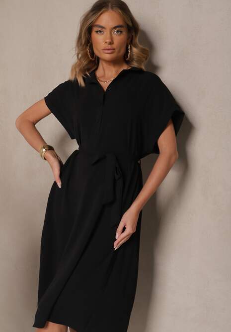 Czarna Pudełkowa Sukienka z Bawełną i Paskiem Savorienne