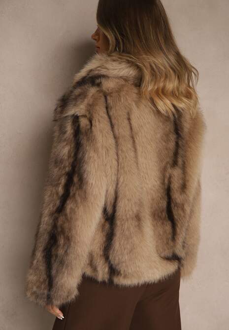 Beżowa Kurtka Futerko z Ozdobnym Kołnierzem Fitene