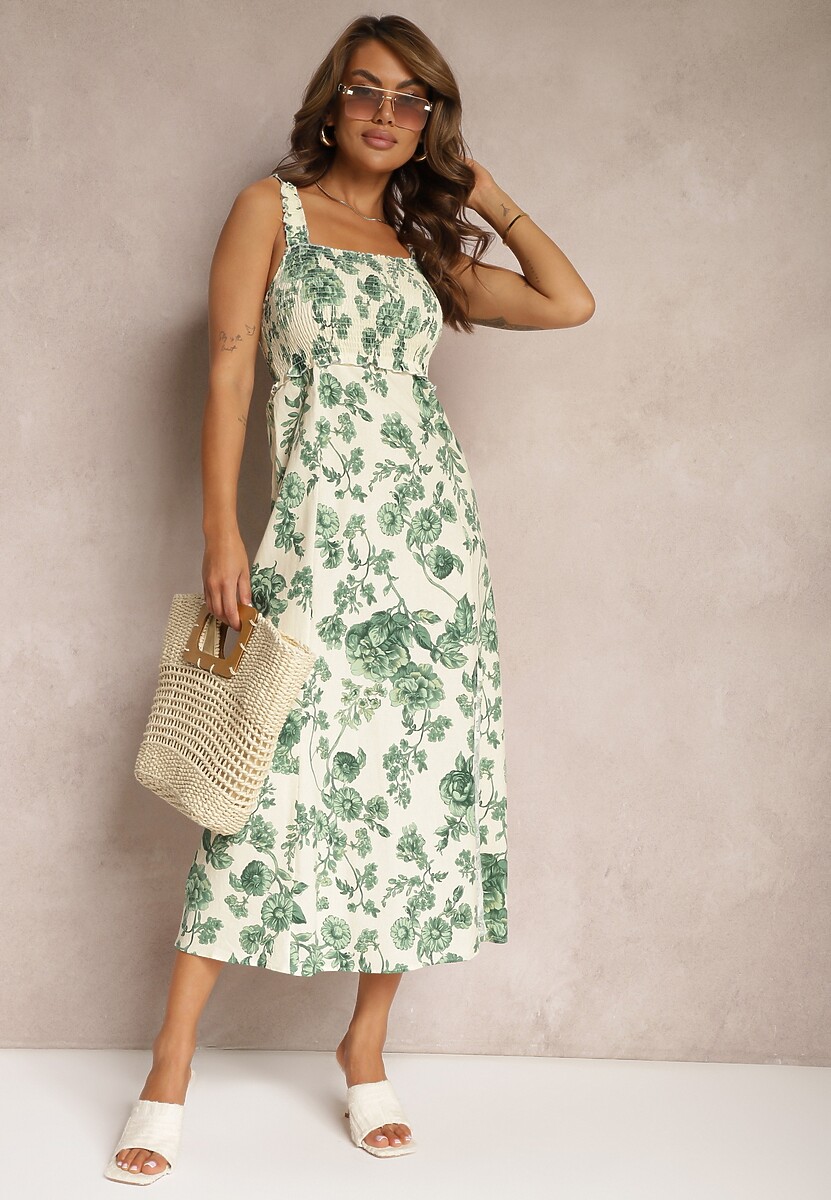 Biało-Zielona Sukienka z Bawełny na Ramiączkach z Gumką w Pasie i Ozdobnym Rozcięciem na Nogę Dimrrou